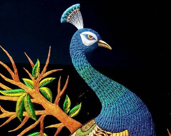 FOR PRE-ORDER  Large peacock hand embroidered wall art, peacock embroidery, zardozi peacock embroidery art, India wall art, India wall decor