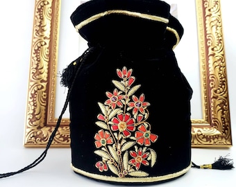 Hand Embroidered Floral Velvet Potli Bag: Zardozi Indian Wedding Purse