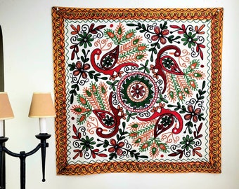 Colorful handmade embroidered peacock tapestry wall hanging from India, peacock ethnic Kuchi wall decor, boho home decor, peacock tablecloth