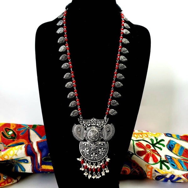 Oxidized silver large Indian pendant necklace, Indian tribal jewelry with paisley, Rajasthani jewelry, ethnic necklace