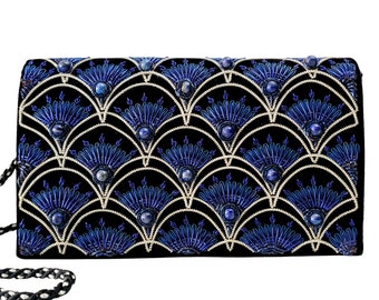 Art Deco Velvet Clutch: Lapis Lazuli Embroidered Evening Bag