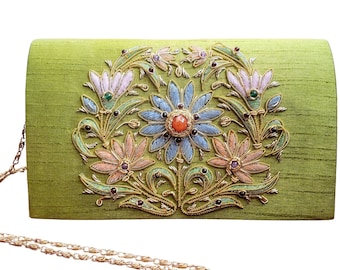 Chartreuse Silk Clutch: Hand Embroidered Floral Evening Bag