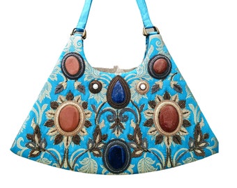 Vintage Zardozi Embroidered Handbag: Turquoise Brocade, Lapis Lazuli