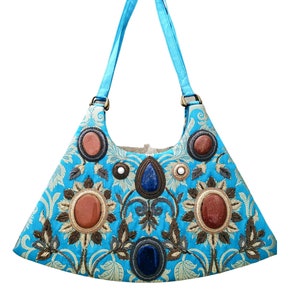 Vintage embroidered handbag, vintage turquoise handbag, OOAK handbag, statement handbag, zardozi handbag, top handle bag, gifts for her image 1