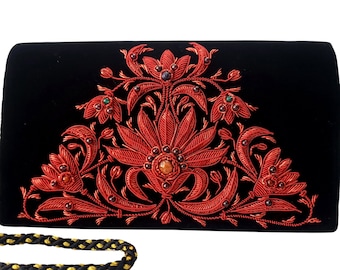 Luxury red and black floral evening bag, embroidered OOAK statement clutch, gemstone purse, India purse