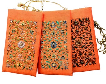 Orange silk soft eyeglasses case embroidered with flowers, floral sunglasses case with chain, colorful passport sleeve, slim crossbody bag