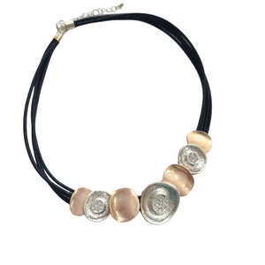 Modern Disc Necklace: Two-Tone Metallic Bib, Faux Leather Cord