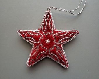 Hand made red silver star Christmas ornament, hand embroidered velvet Christmas decoration, holiday gift tag, wine gift tag,wreath, vintage