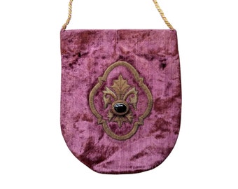 Mauve velvet slim phone cross body bag hand embroidered with fleur de lys, travel purse, passport sling bag, zardozi pouch, gifts for her