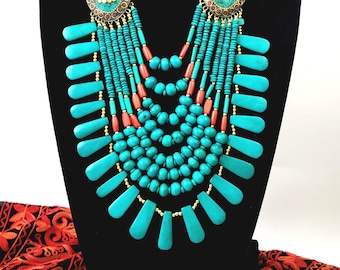 Chunky Turquoise & Coral Bib Necklace: Nepal Boho Statement Jewelry