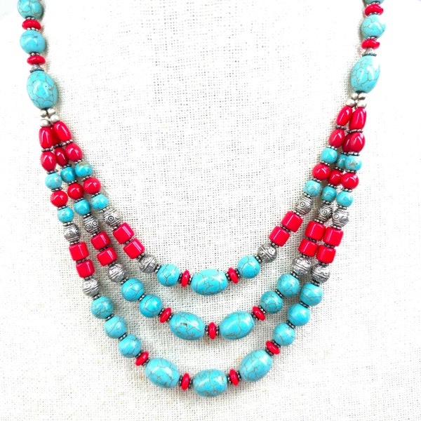 Multistrand beaded short necklace, turquoise and coral Tibetan necklace, rodeo cowgirl fashion, ethnic jewelry, tribal jewelry, boho chic