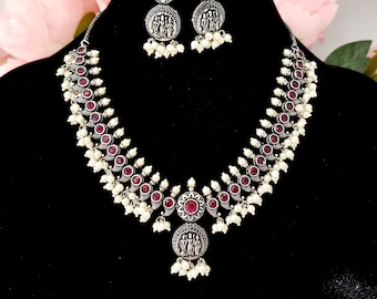 India mango necklace set in oxidized silver with pearl fringe, Hindu deity pendant, India spiritual jewelry,India religious jewelry, paisley
