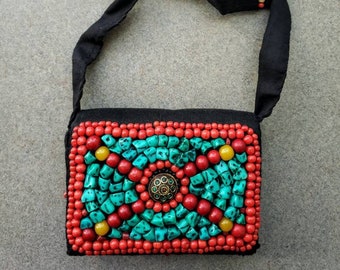 Tibetan crossbody bag, beaded turquoise coral Nepal handbag, mini clutch,small wallet,ethnic tribal wallet,boho gypsy,Valentine gift for her