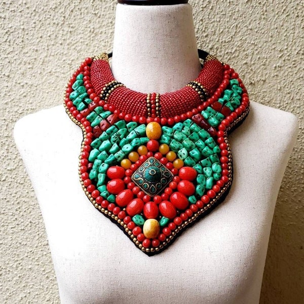 Tibetan bib necklace, tribal statement necklace, large collar necklace, chunky beaded necklace, boho hippie beach ethnic India gifts for her