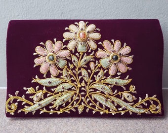 Embroidered maroon velvet purse, floral purse, Zardozi purse, Zardozi clutch, India embroidered clutch,gifts for her,Valentine's gift