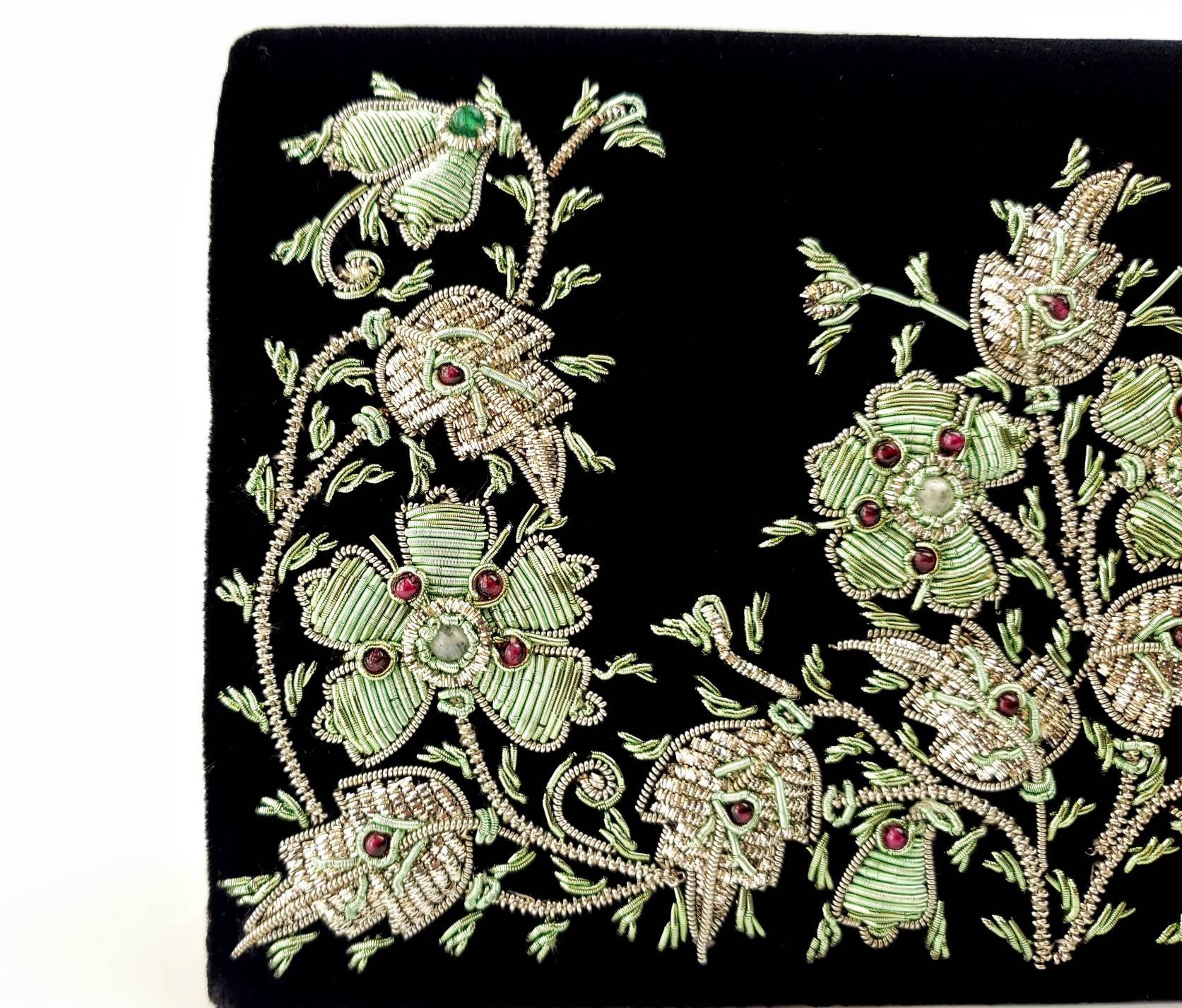 Green floral embroidered black velvet evening bag jewel | Etsy