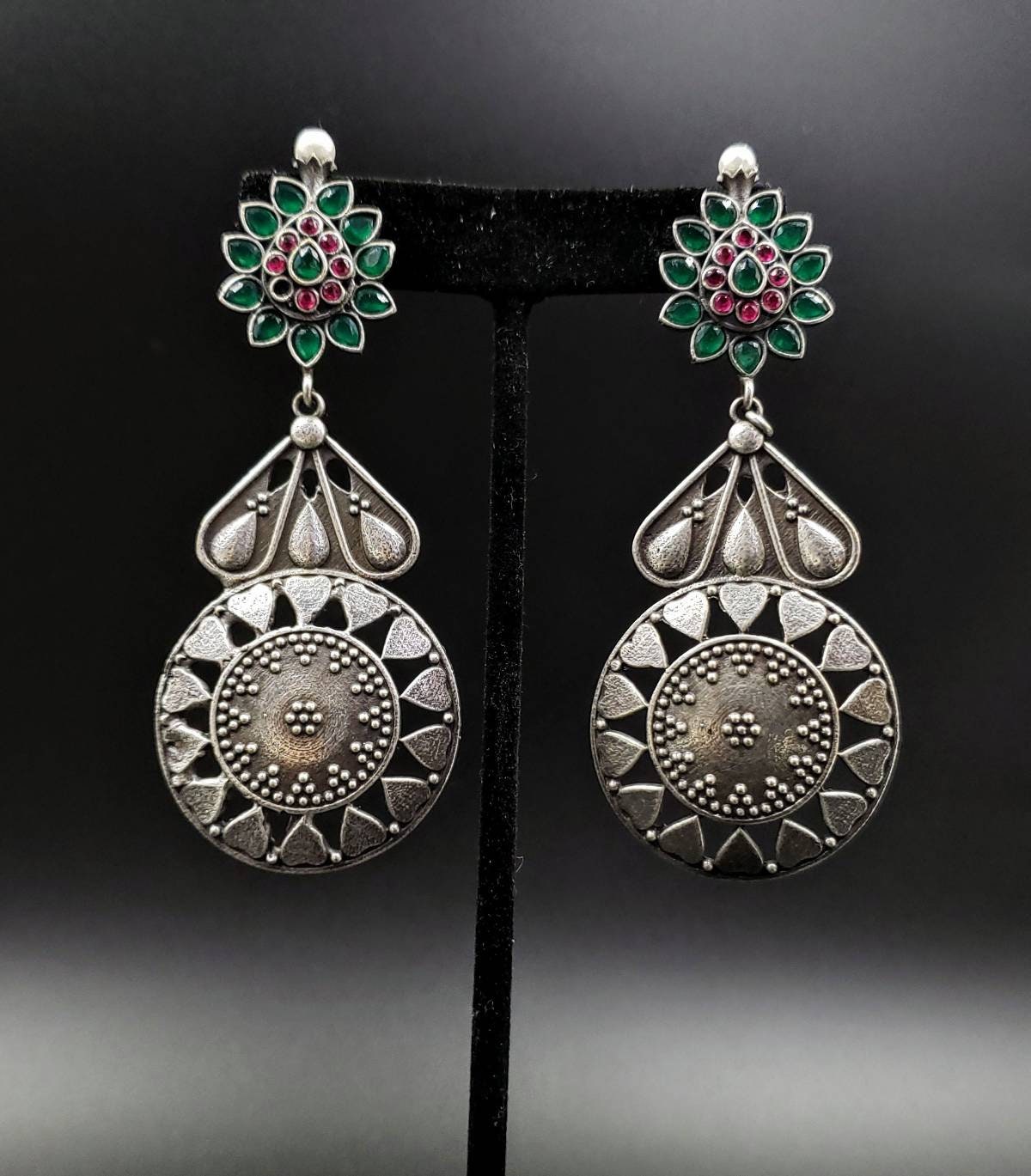 Leaf shaped german silver earrings with pearl drops – Odara Jewellery