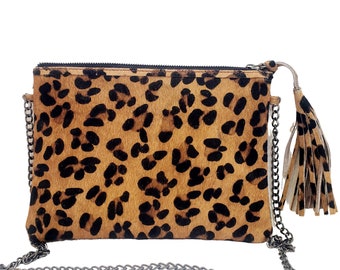 Leopard print leather crossbody bag, hair on hide small pouch bag with chain, handmade animal print leather clutch, western wear rodeo purse