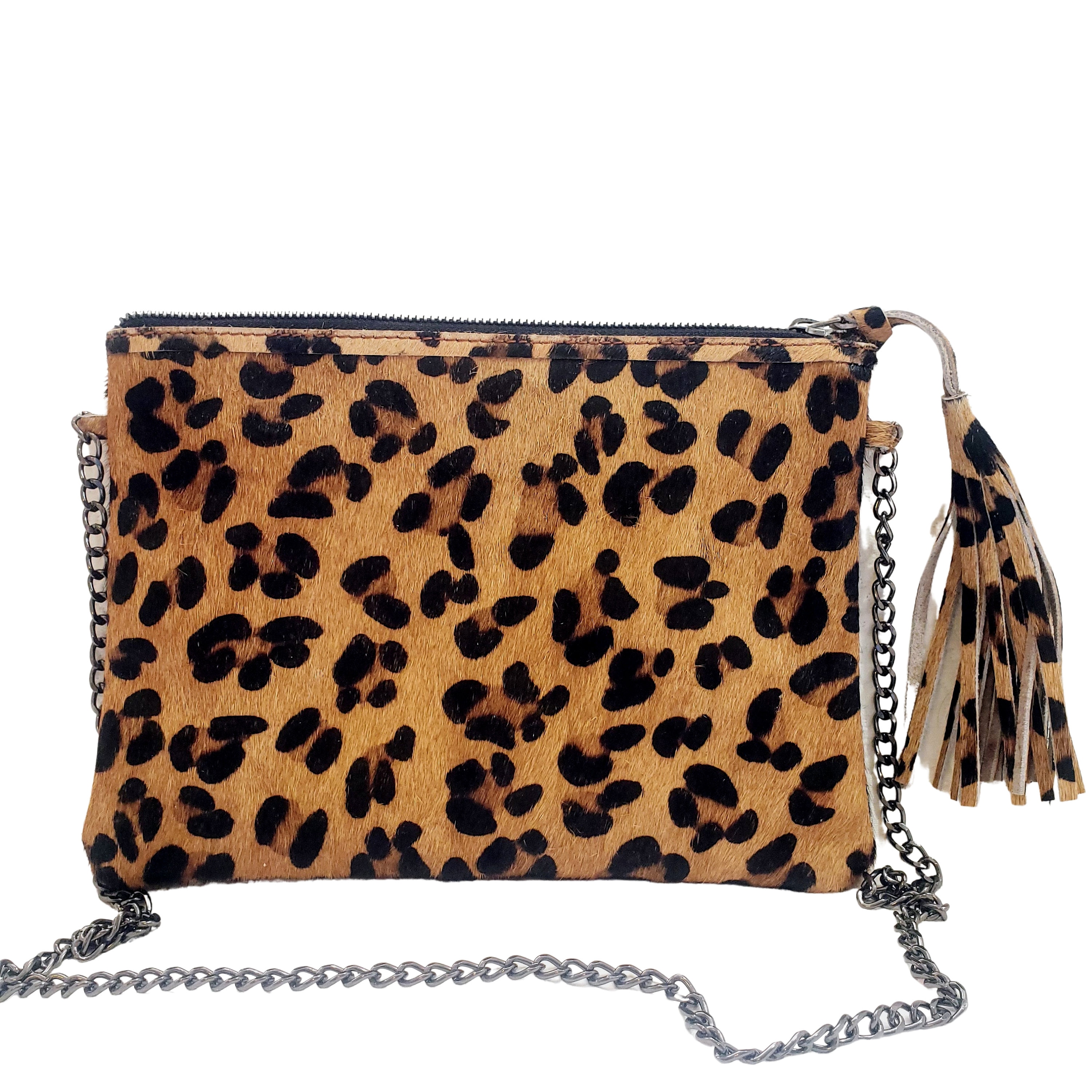 Leopard print leather crossbody bag, hair on hide small pouch bag with  chain, handmade animal print leather clutch, western wear rodeo purse