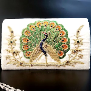Gestickte Pfau Clutch,weiße Samt-Abendtasche,Braut-Clutch,Hochzeits-Clutch,Zardozi Abendtasche,Pfau Handtasche,Pfau Geschenk für Sie