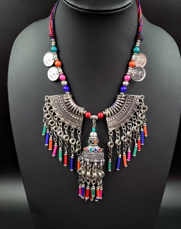 Afghani coin necklace with metal fringe, Afghani jewelry, oxidized ...