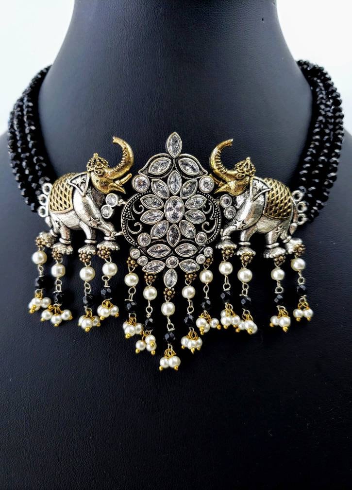 India CZ jewelry, India elephant choker, jhumka necklace, India jhumka