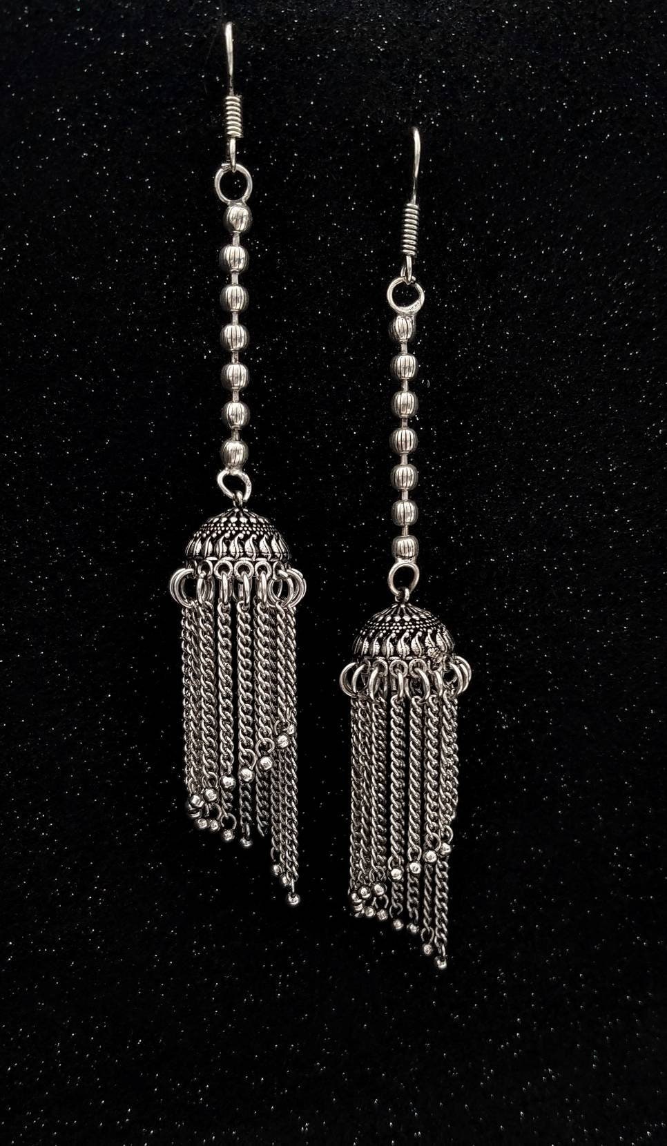 Indian jhumka earrings in oxidized silver, Indian jewelry, long ...
