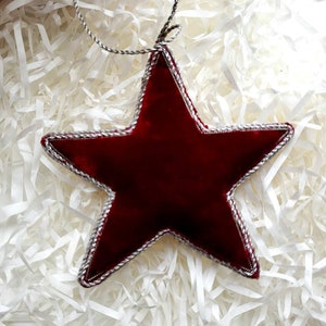 Hand made red silver star Christmas ornament, hand embroidered velvet Christmas decoration, holiday gift tag, wine gift tag,wreath, vintage image 5