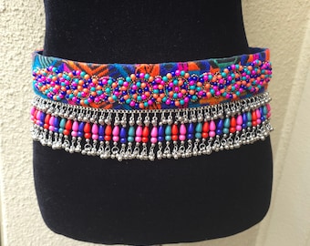 Bebe Hand Beaded Silk Boho Chic Belt w Tie Back Bloom Beaded Belt - Silk Belt, Bead Fringed Fabric Tie Belt  main image 3