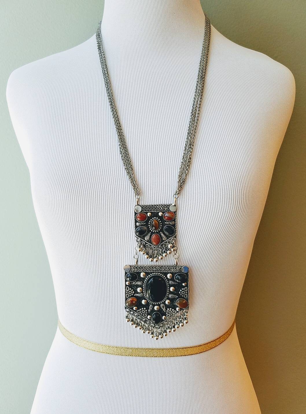 Large pendant set, filigree jewelry, stone pendant set, India pendant