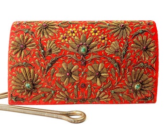 Orange velvet evening bag embroidered with antique gold flowers and gemstones, jewel purse, formal party purse, OOAK statement clutch bag