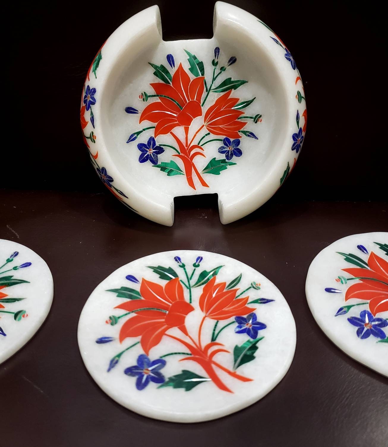 Soap Stone Vintage Floral Coaster Set. Indian Marble Inlay 