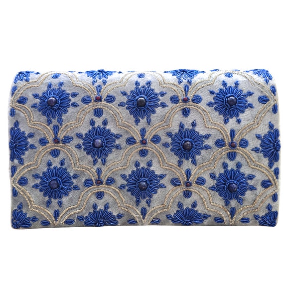 Borsa da sera in velluto grigio ricamata con fiori blu, borsa