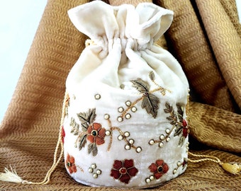 Indian potli bag, wrist bag, sling bag, hand embroidered handbag, zardozi purse, drawstring pouch bag, Indian wedding potli,Valentines gift