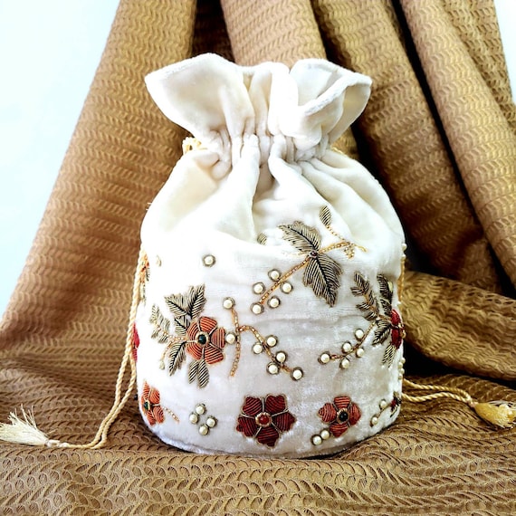 Designer potli bag, wrist bag, sling bag, hand made velvet handbag, zardozi  purse, beaded pouch bag, drawstring pouch bag, Indian wedding
