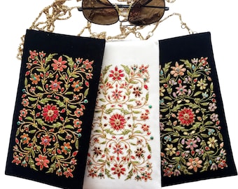 Soft eye glasses case with chain, embroidered floral glasses pouch, small crossbody bag, fabric mobile phone pouch, velvet zardozi sling bag