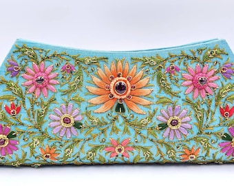 Floral embroidered turquoise silk evening bag clutch with star ruby, wedding clutch,gifts for her, OOAK statement clutch,zardozi clutch