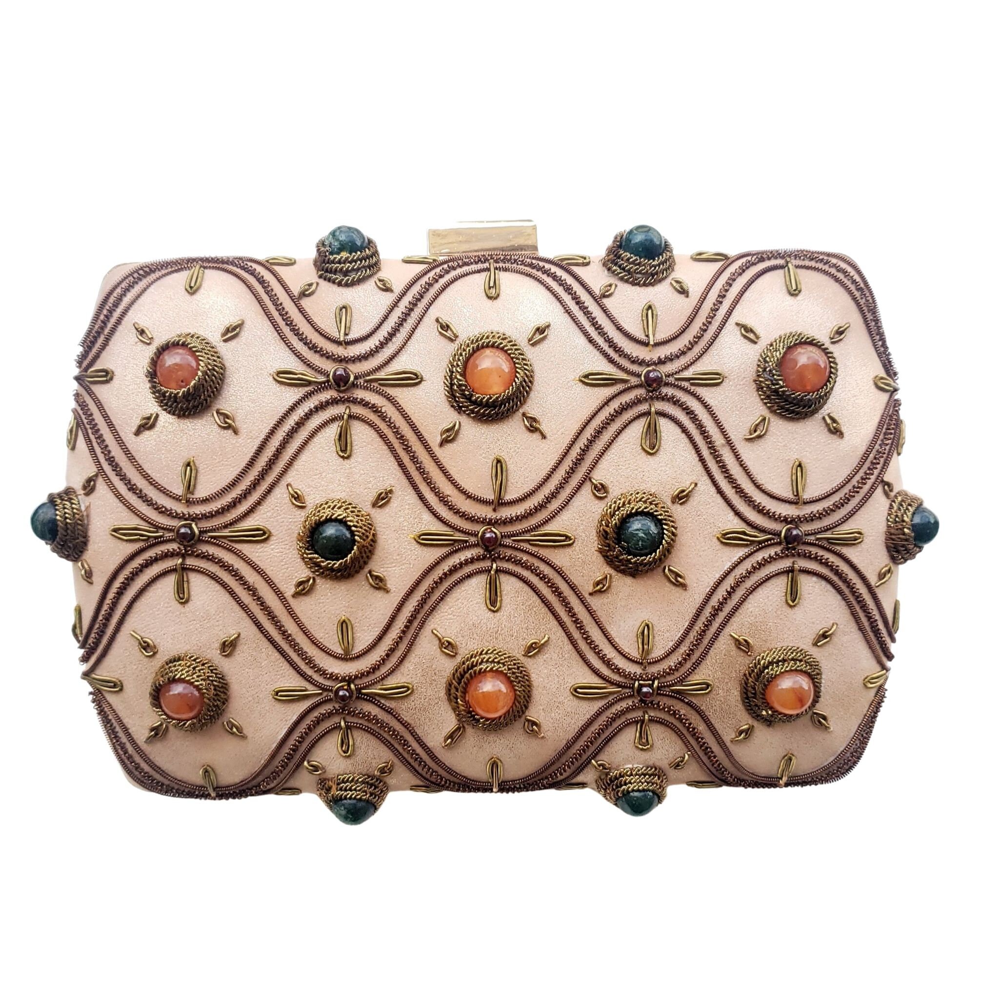 Golden Hard Case Clutch Purse Bag Handmade With Designer 