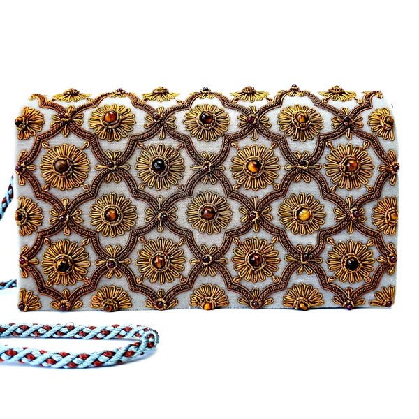 Embellished gray velvet evening bag, embroidered floral clutch, OOAK statement clutch,Zardozi jewel purse, India evening bag,luxury handbag