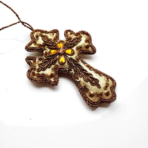 Handmade ornate gold cross Christmas tree ornament, hand embroidered and beaded decorative cross ornament, religious ornament,Christian gift