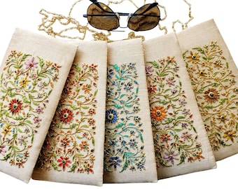 Hand Embroidered Floral Sunglasses Case: Zardozi Beaded Eyeglasses Pouch with Chain