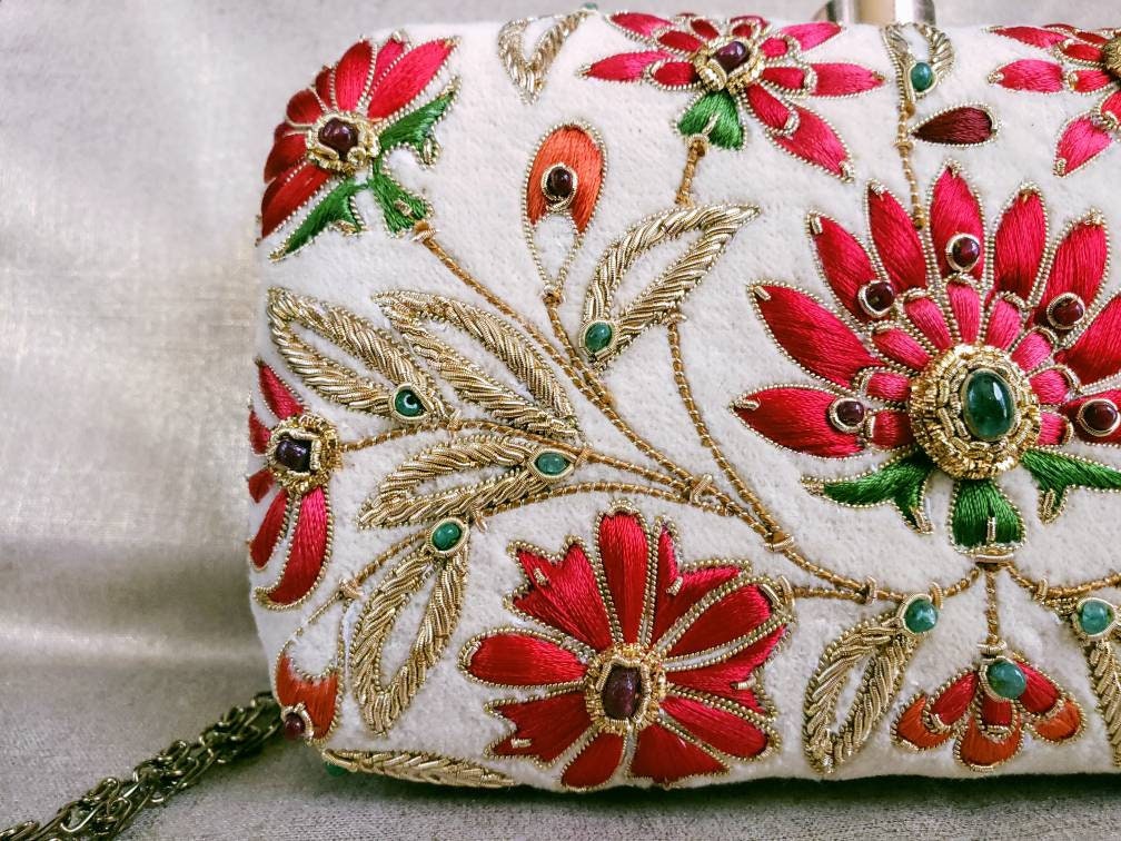 Luxury ivory velvet clutch bag hand embroidered with red flowers, designer  evening clutch bag,OOAK floral handbag,wedding clutch,party purse