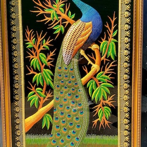 Large Hand Embroidered Peacock Wall Art: Zardozi India Decor image 2