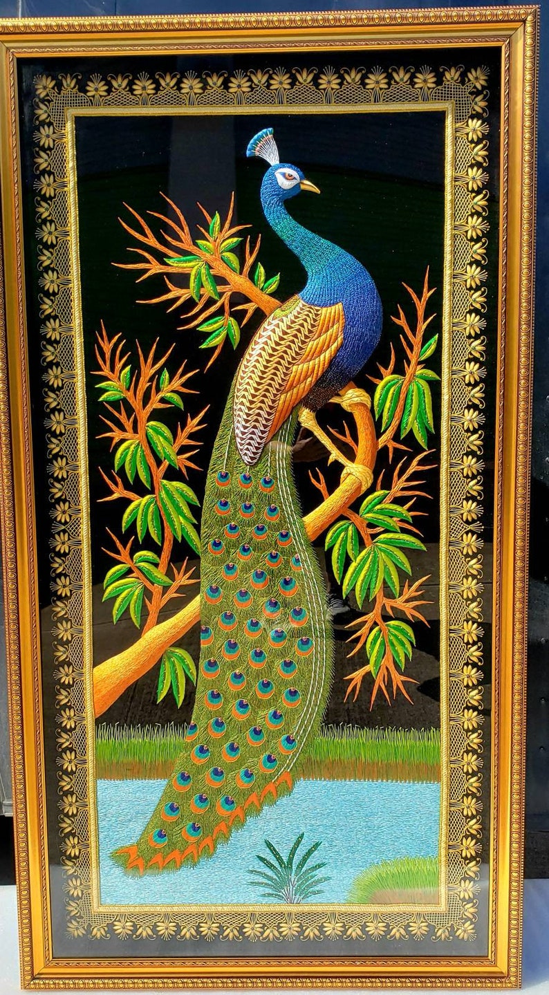 Large Hand Embroidered Peacock Wall Art: Zardozi India Decor image 2