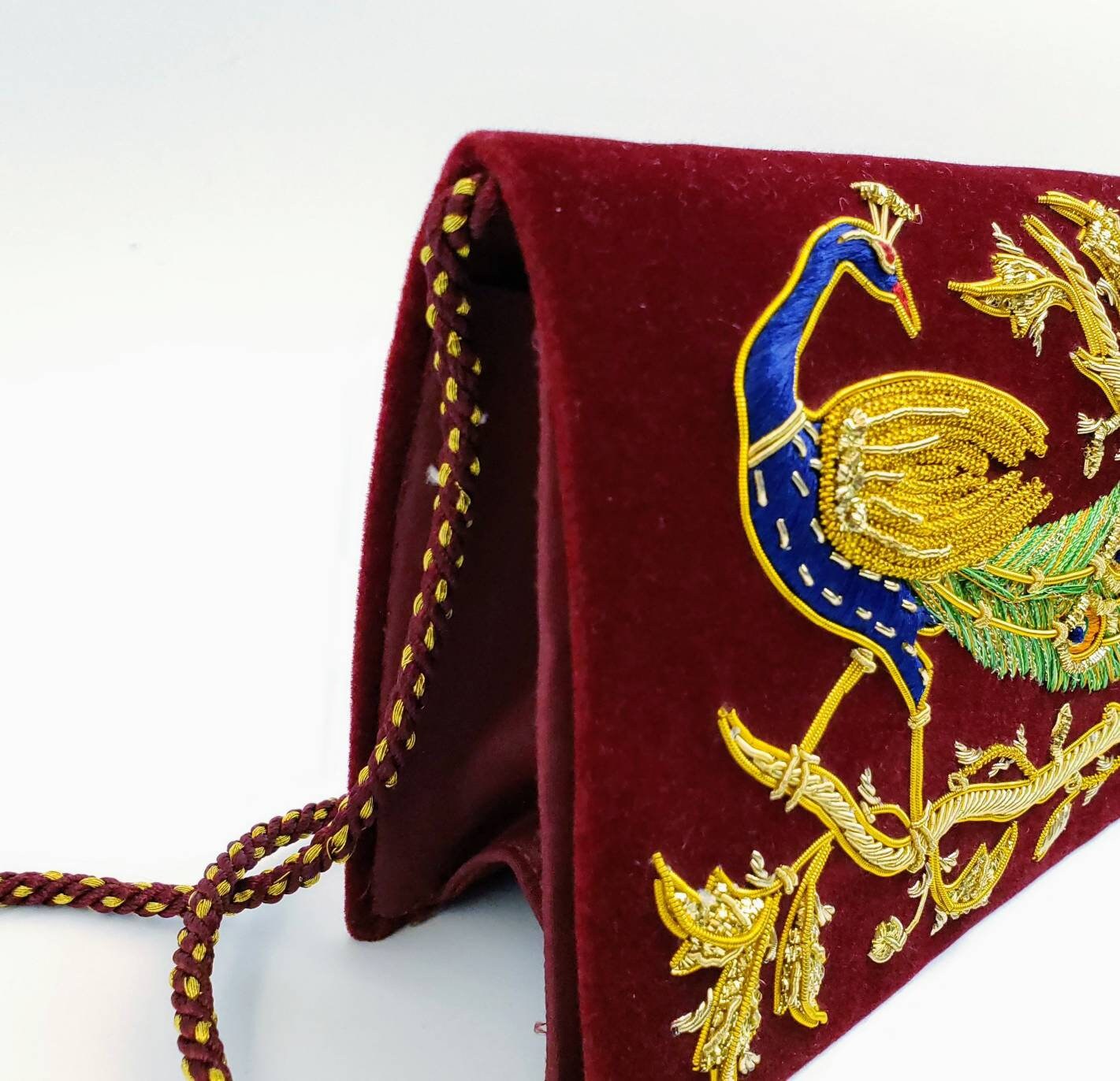 Burgundy gold velvet embroidered evening bag clutch, red peacock