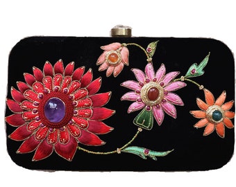 Hand embroidered multicolor floral clutch bag, Luxury velvet clutch bag, colorful zardozi purse with amethyst gemstone, OOAK statement purse