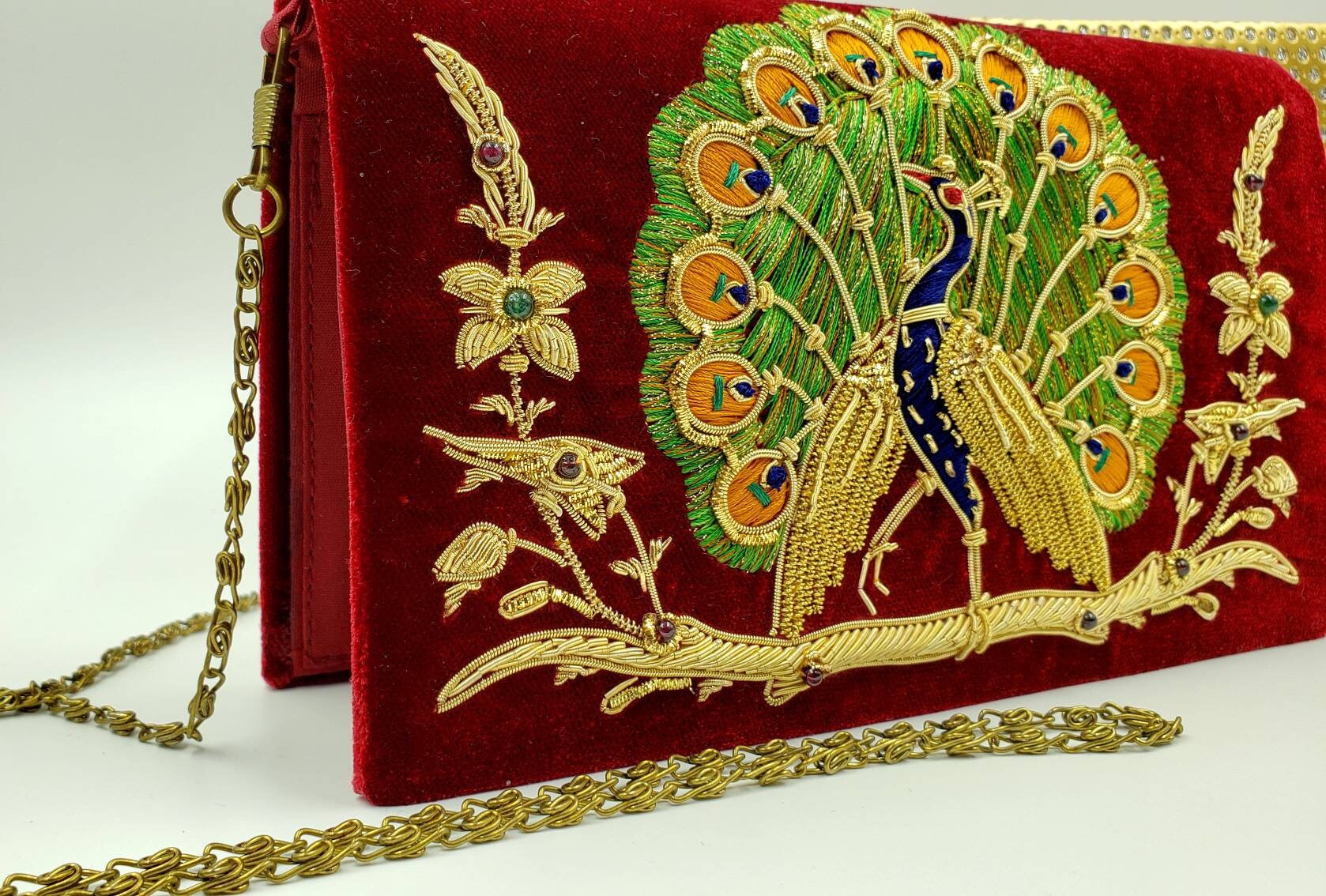 Embroidered peacock burgundy velvet evening bag, Zardozi gold work