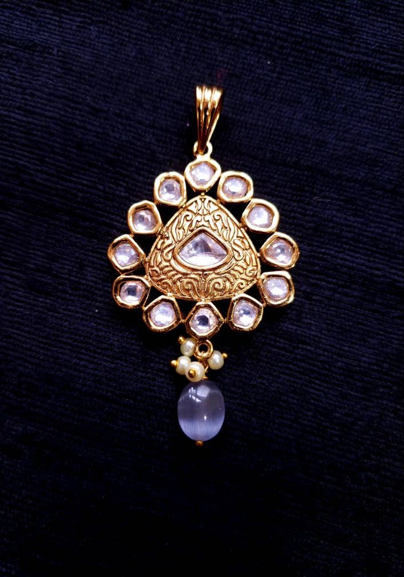 polki jewelry Indian jewelry Small goldtone kundan pendant set teardrop pendant and earrings with faux amethyst Indian pendant set