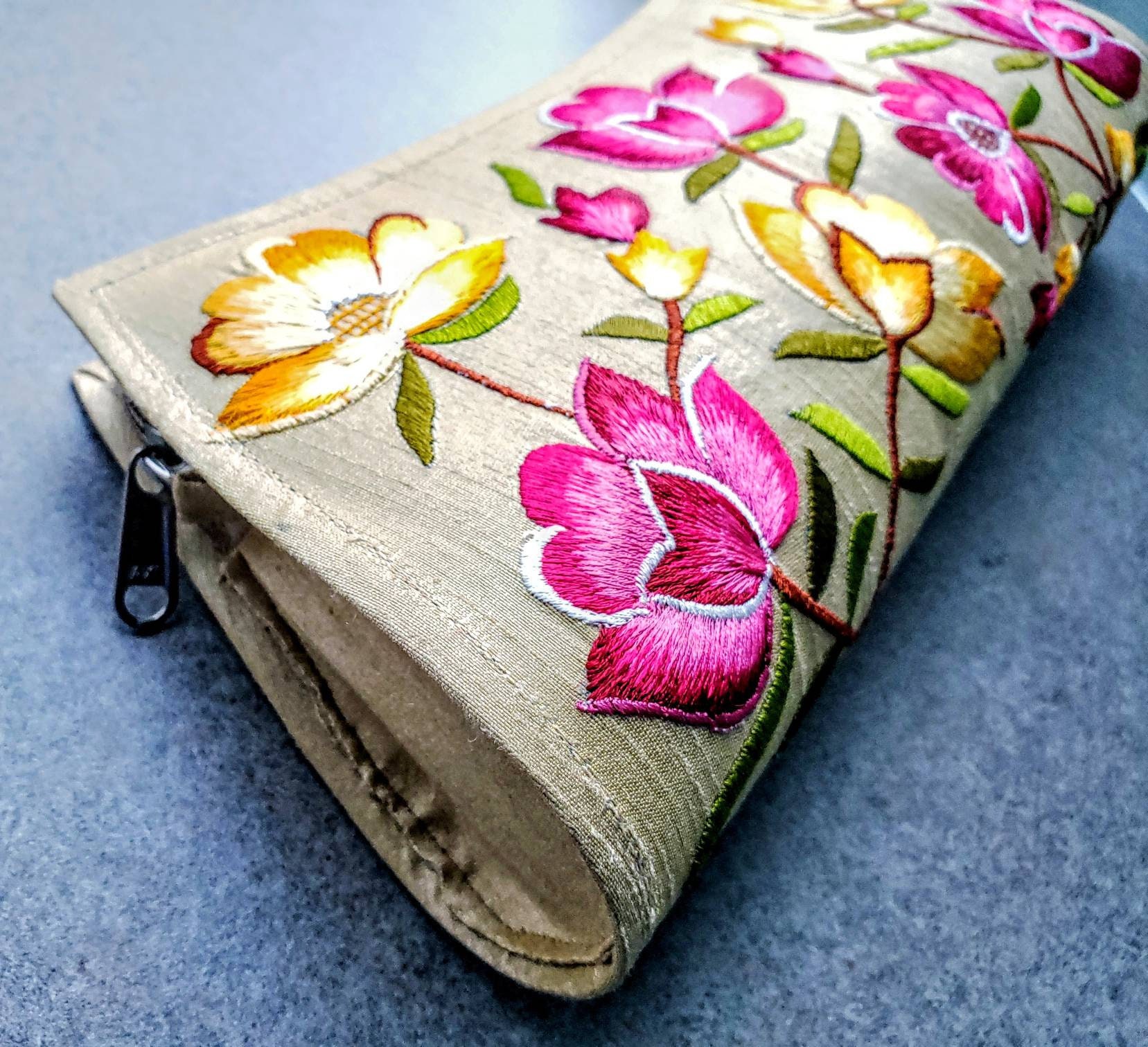 Beige silk clutch embroidered with Pink and yellow flowers, lightweight purse, floral purse ...