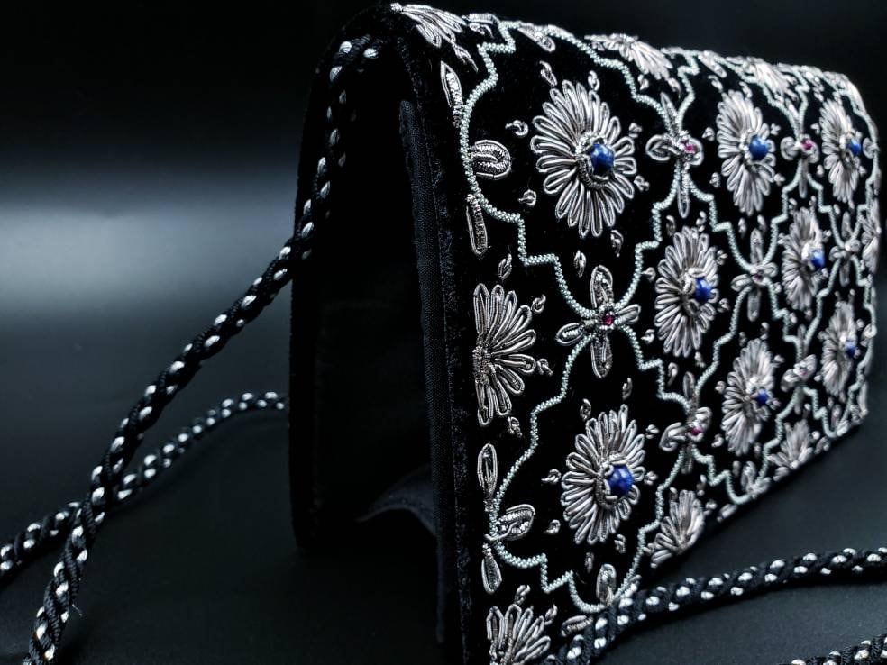 Embroidered black velvet evening bag clutch embellished with lapis